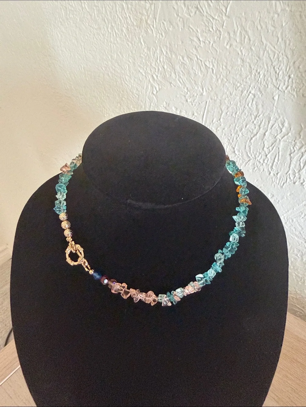 Multi-Color Glass Chip Necklace - Turquoise & Amber Tones 16 inch choker